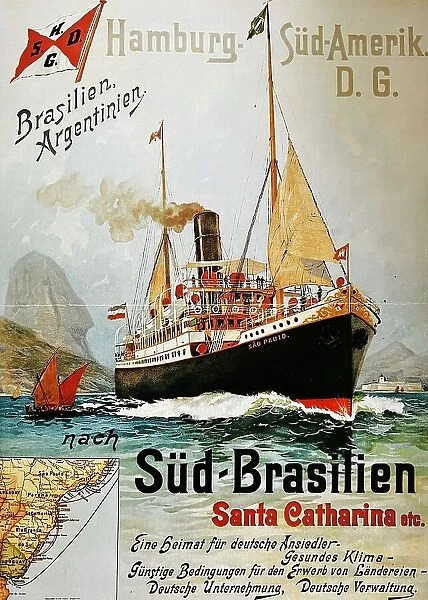 Poster of the Hamburg Sud-Amerika Linie, for travels migration to Brazil