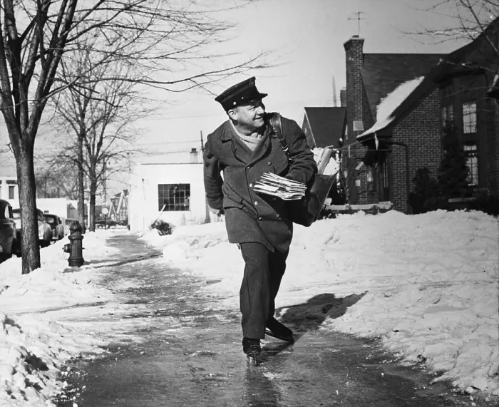 Framed Print : Postman Delivering Mail on Ice Skates