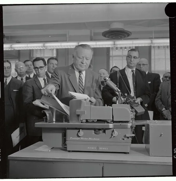Framed Print : Postmaster Demonstrating New Speed Mail Framed Print : Postmaster Demonstrating New Speed Mail