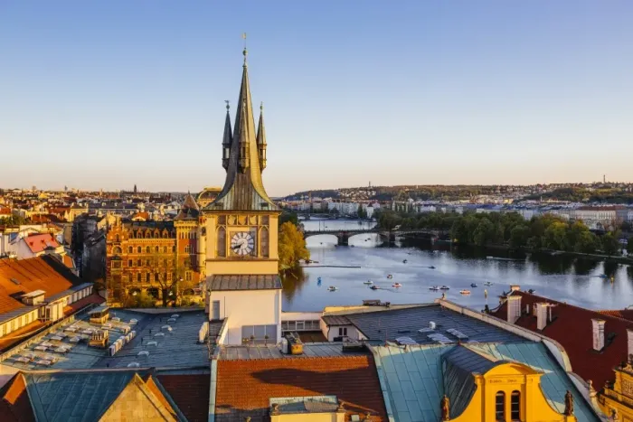 Framed Print : Prague skyline with Clock Tower and Vltava River, Czech Republic Framed Print : Prague skyline with Clock Tower and Vltava River, Czech Republic