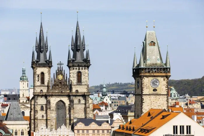 Framed Print : Prague skyline with Tyn Church and Old Town Hall Clock Tower in Prague, Czech Republic Framed Print : Prague skyline with Tyn Church and Old Town Hall Clock Tower in Prague, Czech Republic