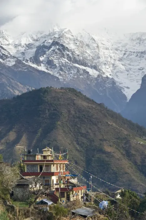 Framed Print : Prayer flags on hillside building Framed Print : Prayer flags on hillside building