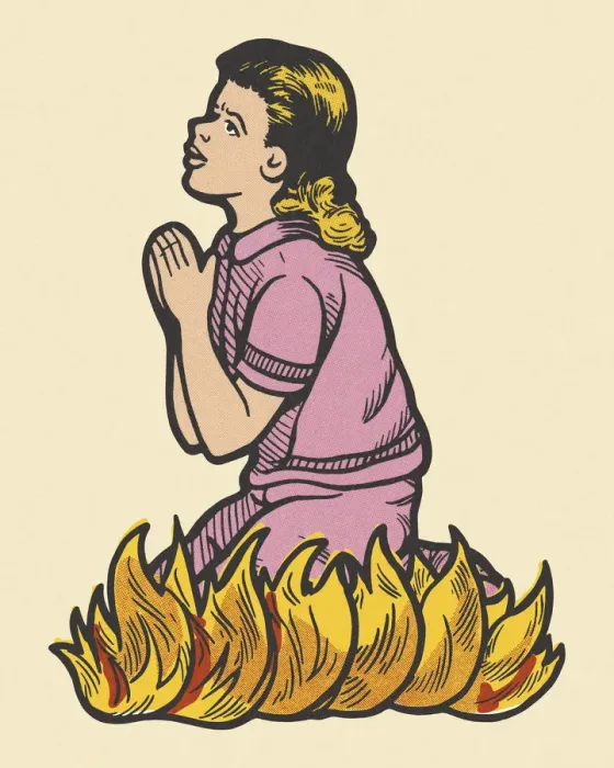 Framed Print : Praying Girl Kneeling in Flames Framed Print : Praying Girl Kneeling in Flames
