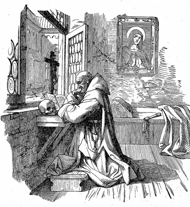 Framed Print : Praying monk in his would-be cell, 1881, France, Historic, digital reproduction of an original 19th-century painting Framed Print : Praying monk in his would-be cell, 1881, France, Historic, digital reproduction of an original 19th-century painting