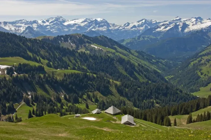 Framed Print : Pre-alpine landscape with alpine cabins, the snow-capped Bernese Alps at the back, near Ablandschen, Saanen, Canton of Bern, Switzerland Framed Print : Pre-alpine landscape with alpine cabins, the snow-capped Bernese Alps at the back, near Ablandschen, Saanen, Canton of Bern, Switzerland