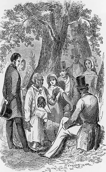 Preaching. Engraving of black preacher with white congregation in open