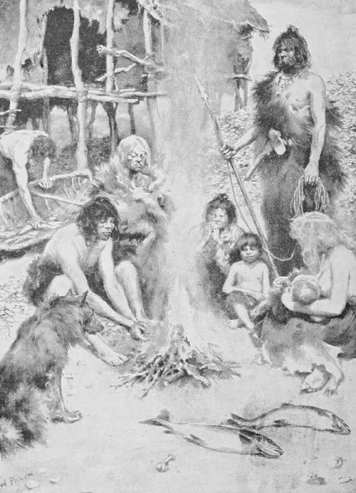 Framed Print : Prehistoric Family Surrounding Fire Framed Print : Prehistoric Family Surrounding Fire