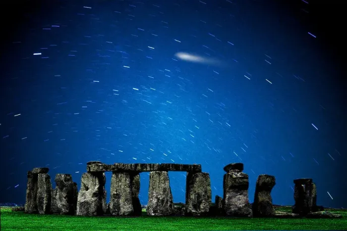 Framed Print : The prehistoric Stonehenge Monument on the Salisbury Plain, UK with time-exposure of star trails and comet in the sky Framed Print : The prehistoric Stonehenge Monument on the Salisbury Plain, UK with time-exposure of star trails and comet in the sky