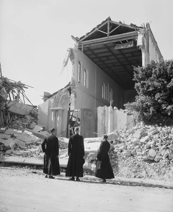 Framed Print : Preists Gaze At Demolished Church Framed Print : Preists Gaze At Demolished Church