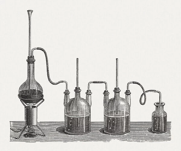 Preparation of chlorine water, wood engraving, published in 1880