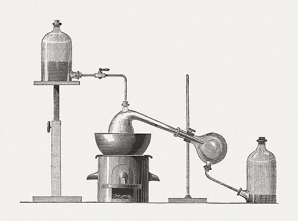 Preparation of diethyl ether, wood engraving, published in 1880