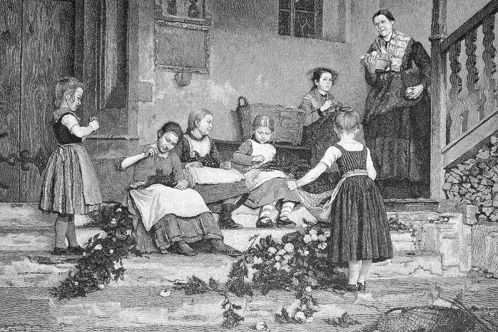 Framed Print : Preparations for the festival, children tying flower garlands, flower decoration, Germany, historical, digitally restored reproduction of an original from the 19th century Framed Print : Preparations for the festival, children tying flower garlands, flower decoration, Germany, historical, digitally restored reproduction of an original from the 19th century