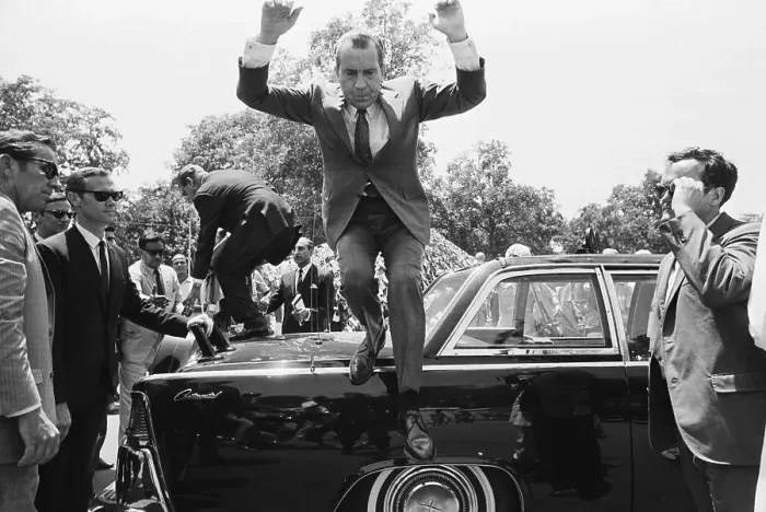 Framed Print : Pres. Nixon Jumps From Trunk Of Limo Framed Print : Pres. Nixon Jumps From Trunk Of Limo