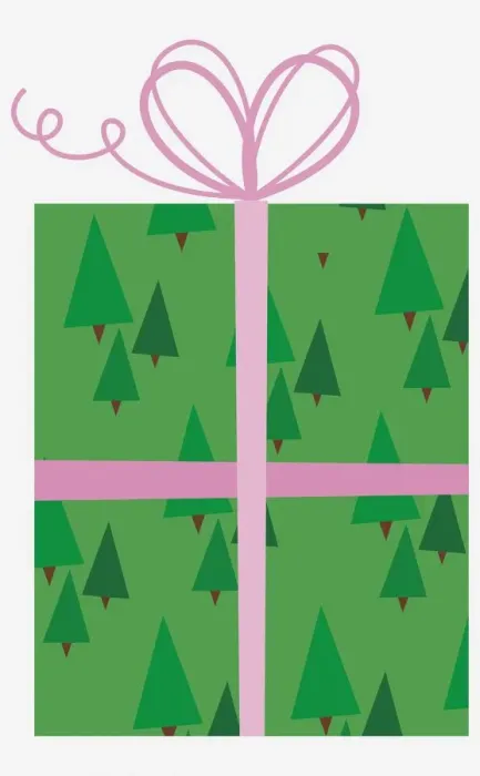 Framed Print : Present with tree pattern wrapping paper and pink bow at the top Framed Print : Present with tree pattern wrapping paper and pink bow at the top