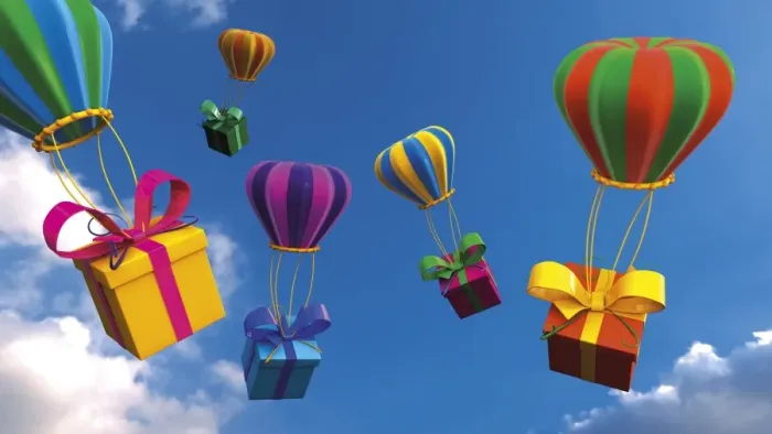 Framed Print : Presents are attached to balloons in the air, 3D rendering, illustration Framed Print : Presents are attached to balloons in the air, 3D rendering, illustration