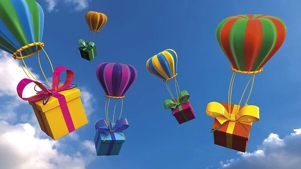 Presents are attached to balloons in the air, 3D rendering, illustration