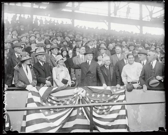Framed Print : President Calvin Coolidge Throwing Baseball from Grandstands Framed Print : President Calvin Coolidge Throwing Baseball from Grandstands