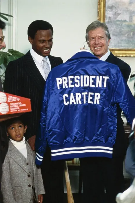 Framed Print : President Carter With Manny Mota and Dodgers Jacket Framed Print : President Carter With Manny Mota and Dodgers Jacket