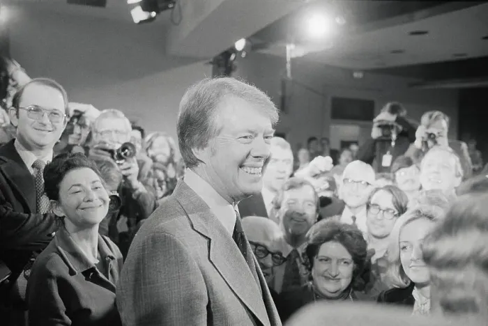 Framed Print : President Carter with Reporter Audience in Background Framed Print : President Carter with Reporter Audience in Background