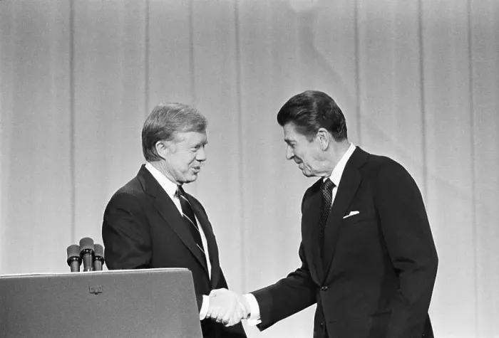 Framed Print : President Carter and Ronald Reagan Shake Hands During Debates Framed Print : President Carter and Ronald Reagan Shake Hands During Debates