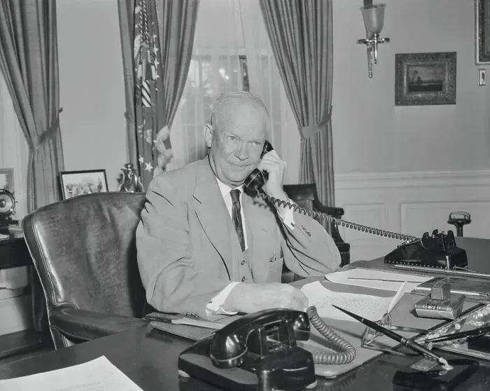 Framed Print : President Dwight Eisenhower Conversing by Phone at His Desk Framed Print : President Dwight Eisenhower Conversing by Phone at His Desk