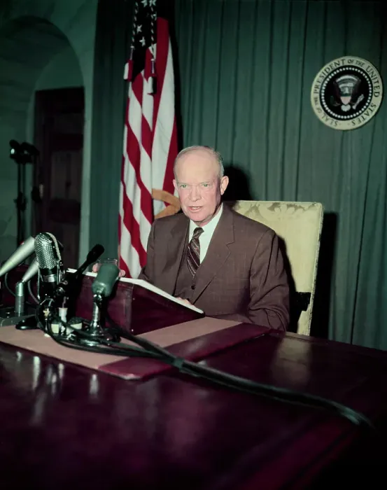 Framed Print : President Dwight Eisenhower Speaking in Microphones Framed Print : President Dwight Eisenhower Speaking in Microphones