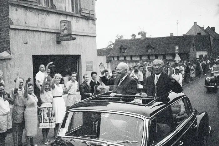 Framed Print : President Eisenhower and Konrad Adenauer Waving from Car Framed Print : President Eisenhower and Konrad Adenauer Waving from Car