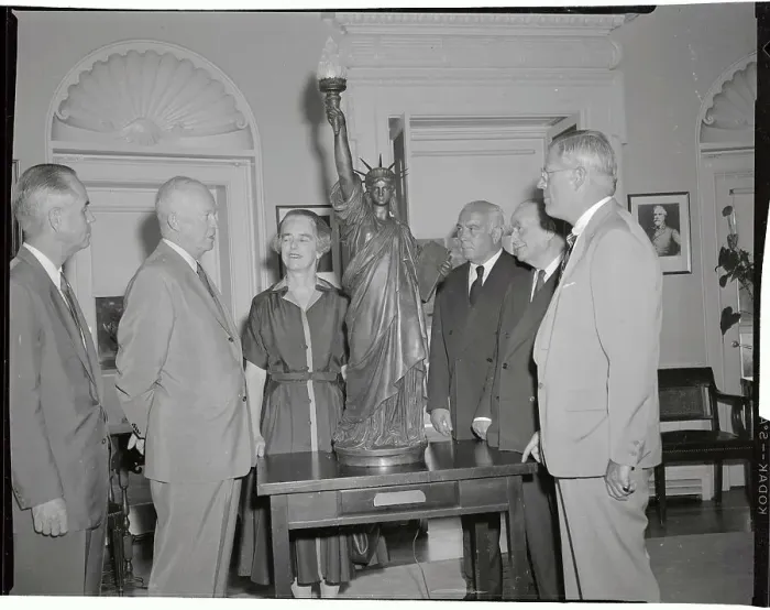Framed Print : President Eisenhower Looking at a Model Statue of Liberty Framed Print : President Eisenhower Looking at a Model Statue of Liberty