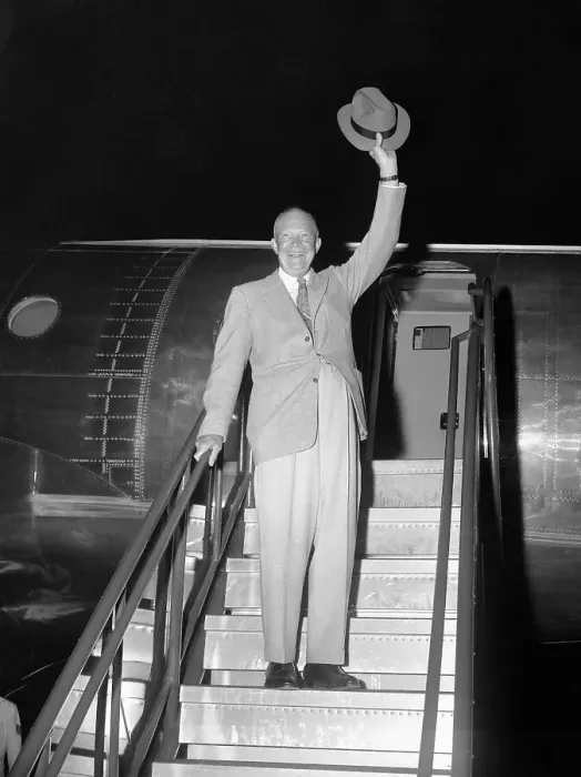 Framed Print : President Eisenhower Waving from Airplane Steps Framed Print : President Eisenhower Waving from Airplane Steps