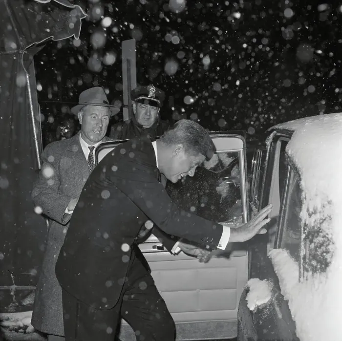 Framed Print : President-Elect Kennedy Entering Car in Snowfall Framed Print : President-Elect Kennedy Entering Car in Snowfall