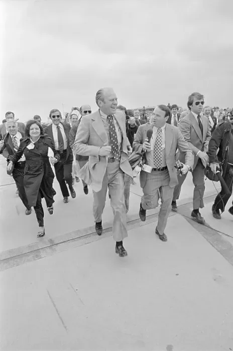 Framed Print : President Ford Running with Press Framed Print : President Ford Running with Press