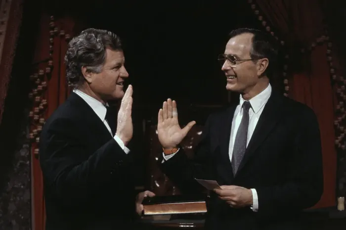 Framed Print : President George Bush Swearing in Eward Kennedy Framed Print : President George Bush Swearing in Eward Kennedy