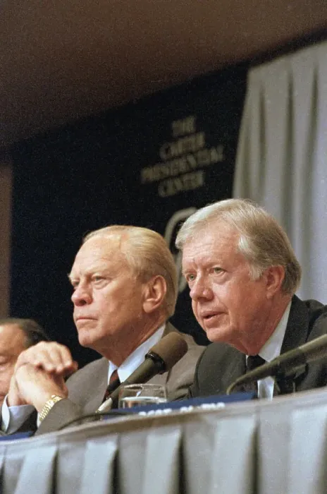 Framed Print : President Jimmy Carter and Gerald Ford at Microphones During Consultation Forum Framed Print : President Jimmy Carter and Gerald Ford at Microphones During Consultation Forum