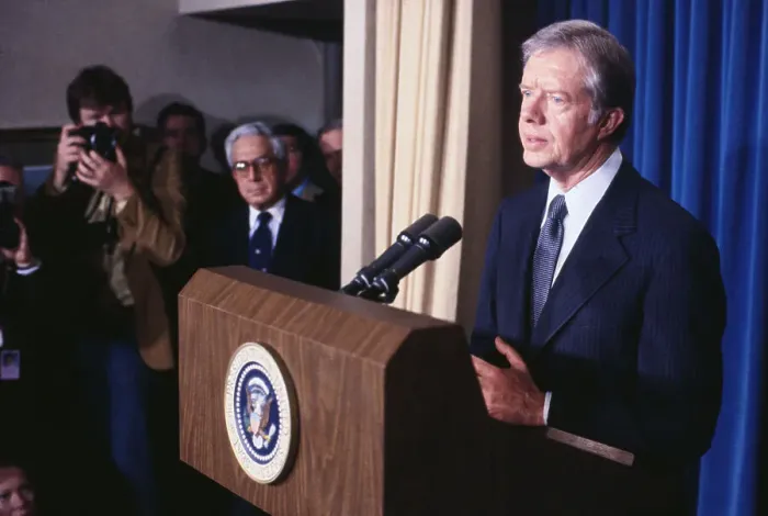 Framed Print : President Jimmy Carter Pausing at Microphone Framed Print : President Jimmy Carter Pausing at Microphone