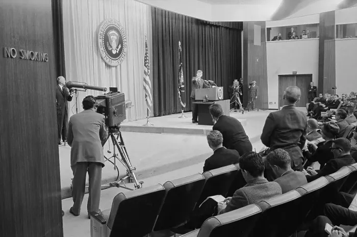 Framed Print : President John F. Kennedy at Press Conference Framed Print : President John F. Kennedy at Press Conference