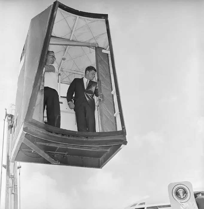 Framed Print : President John F. Kennedy Riding a Cherry Picker Framed Print : President John F. Kennedy Riding a Cherry Picker