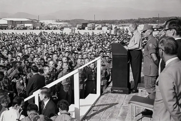 Framed Print : President Johnson Addressing Troops