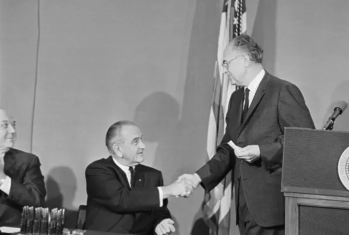 Framed Print : President Johnson Shaking Hands with Anatoliy Dobrynin Framed Print : President Johnson Shaking Hands with Anatoliy Dobrynin