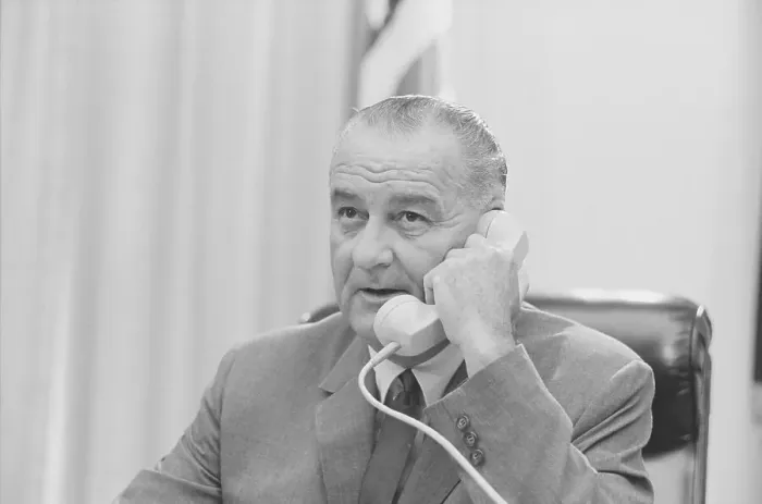 Framed Print : President Johnson Using Telephone Framed Print : President Johnson Using Telephone