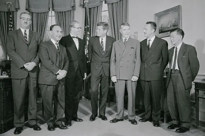 Framed Print : President Kennedy with Leading Scientists Framed Print : President Kennedy with Leading Scientists