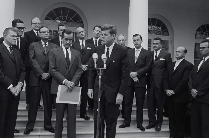 Framed Print : President Kennedy With Newscasters Framed Print : President Kennedy With Newscasters
