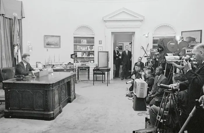 Framed Print : President Kennedy in Oval Office with Television Cameras Framed Print : President Kennedy in Oval Office with Television Cameras