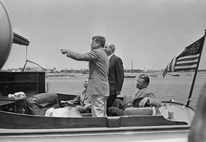 Framed Print : President Kennedy Pointing to Hyannisport Landmarks Framed Print : President Kennedy Pointing to Hyannisport Landmarks