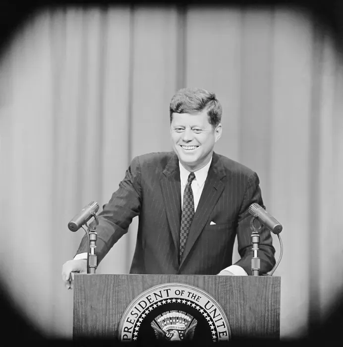 Framed Print : President Kennedy Smiling at Press Conference Framed Print : President Kennedy Smiling at Press Conference