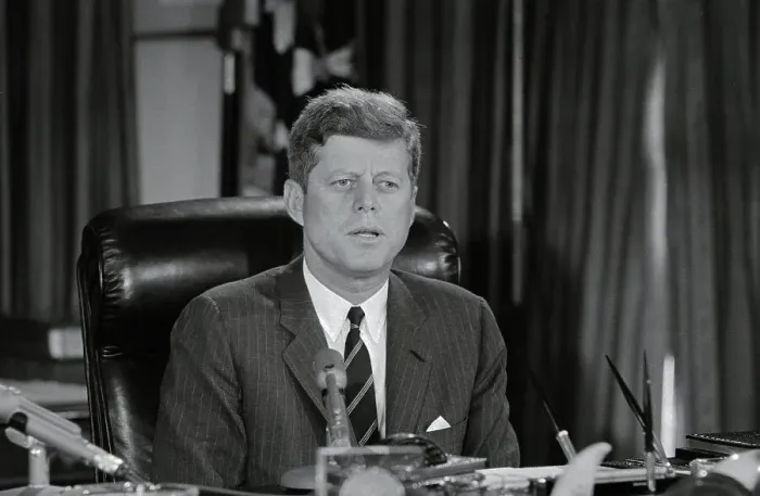 Framed Print : President Kennedy Speaking from Desk Framed Print : President Kennedy Speaking from Desk