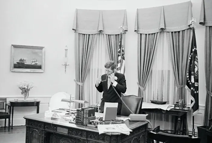 Framed Print : President Kennedy Talking on Phone in Oval Office Framed Print : President Kennedy Talking on Phone in Oval Office