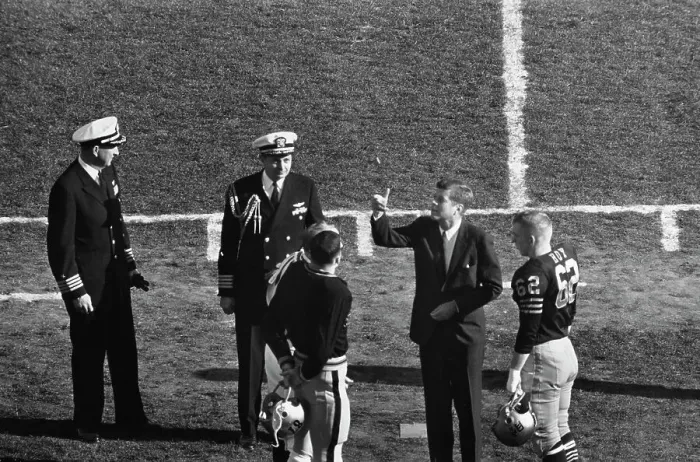 Framed Print : President Kennedy Tosses Coin - Army Vs Navy 1962 Framed Print : President Kennedy Tosses Coin - Army Vs Navy 1962