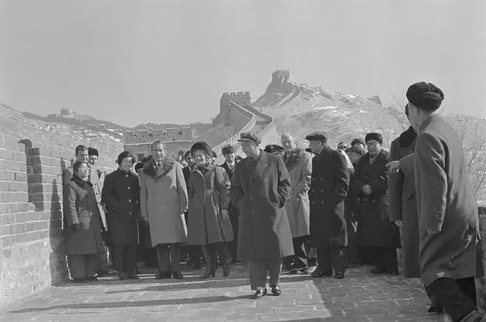 Framed Print : President Nixon and Group Standing Below Chinese Wall