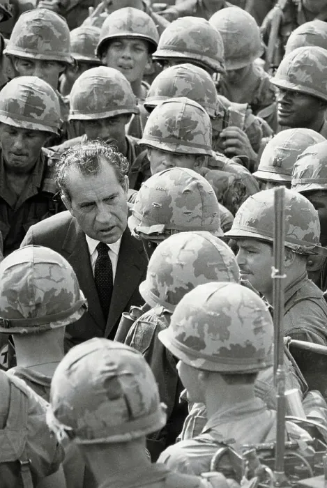 Framed Print : President Nixon with Helmeted Soldiers Framed Print : President Nixon with Helmeted Soldiers