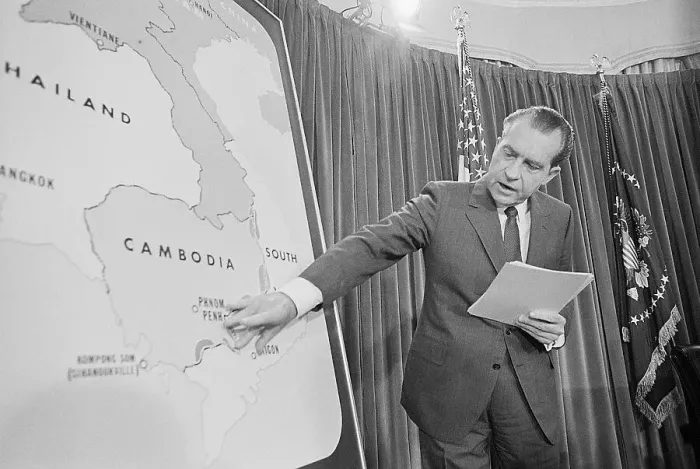 Framed Print : President Nixon Pointing to Map of Cambodia Framed Print : President Nixon Pointing to Map of Cambodia